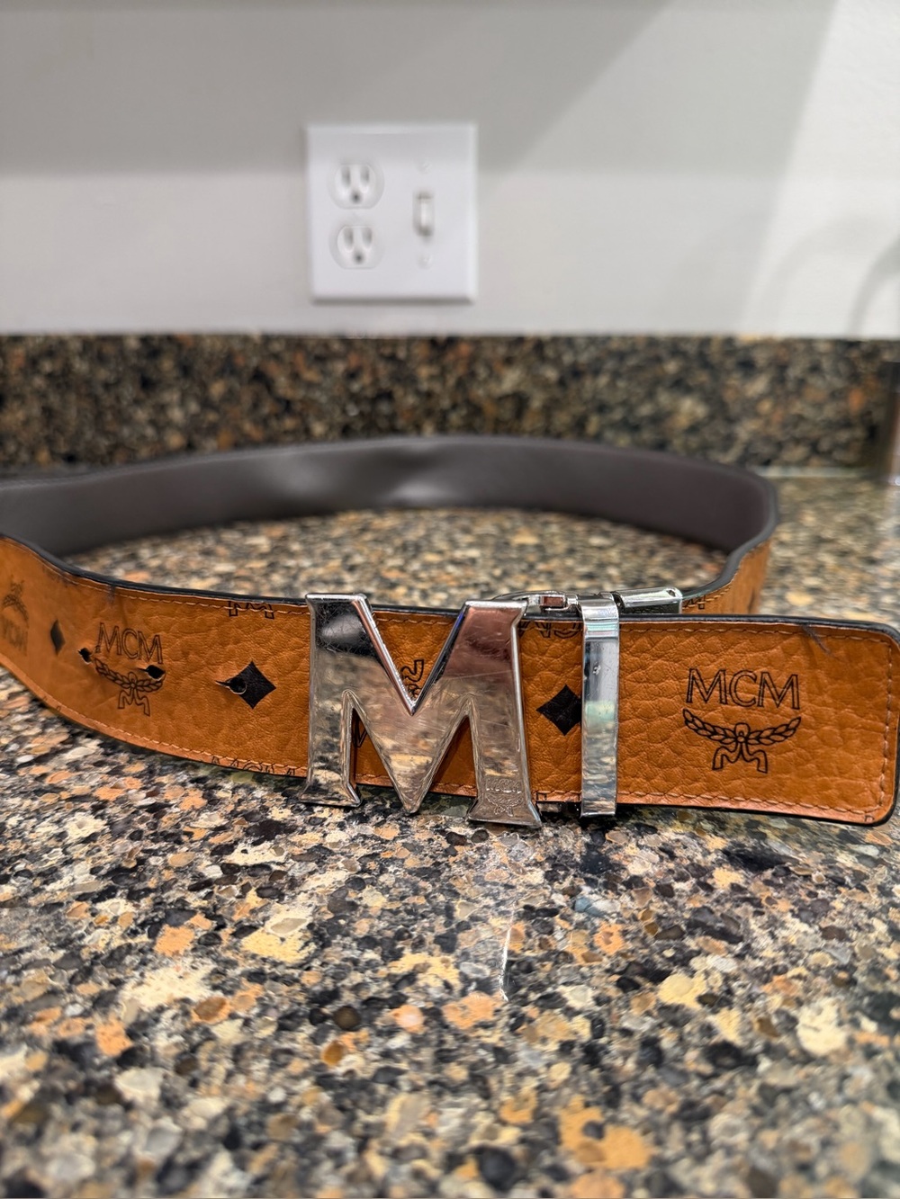 MCM Cognac Logo Leather Belt with Signature Silver M Buckle 32/34